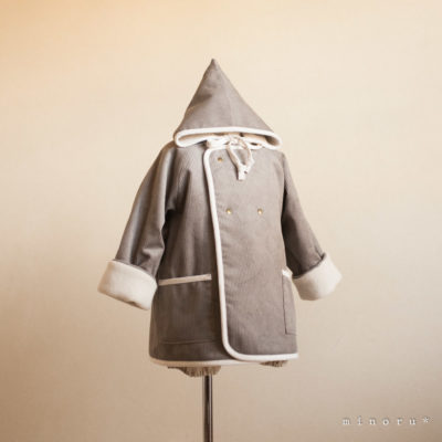 小人コートセット グレー(90/100)|小人帽子とノーカラーコートのセットアップ