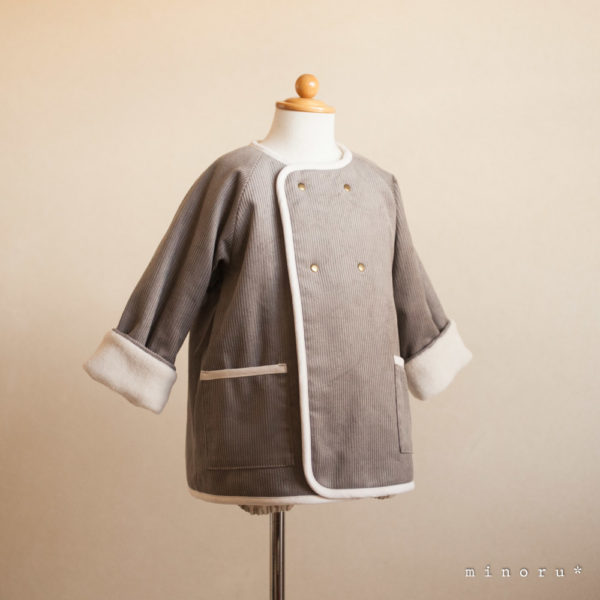 小人コートセット グレー(90/100)|小人帽子とノーカラーコートのセットアップ