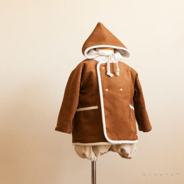 小人コートセット キャメル|小人帽子とノーカラーコートのセットアップ